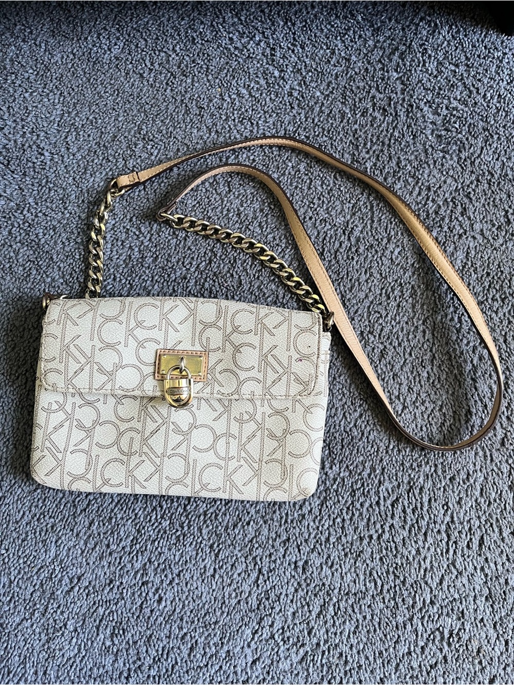 Calvin Klein Cream Monogram Crossbody Bag with Gold Hardware